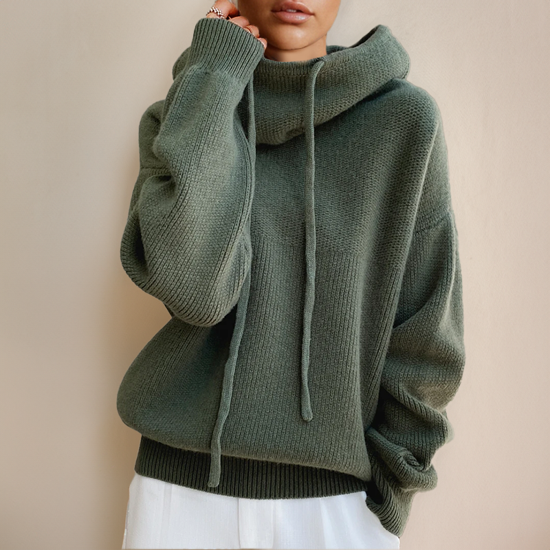 Women's Knit Sweater - Oversized Fit - High Collar with Drawstring - Soft Long Sleeves
