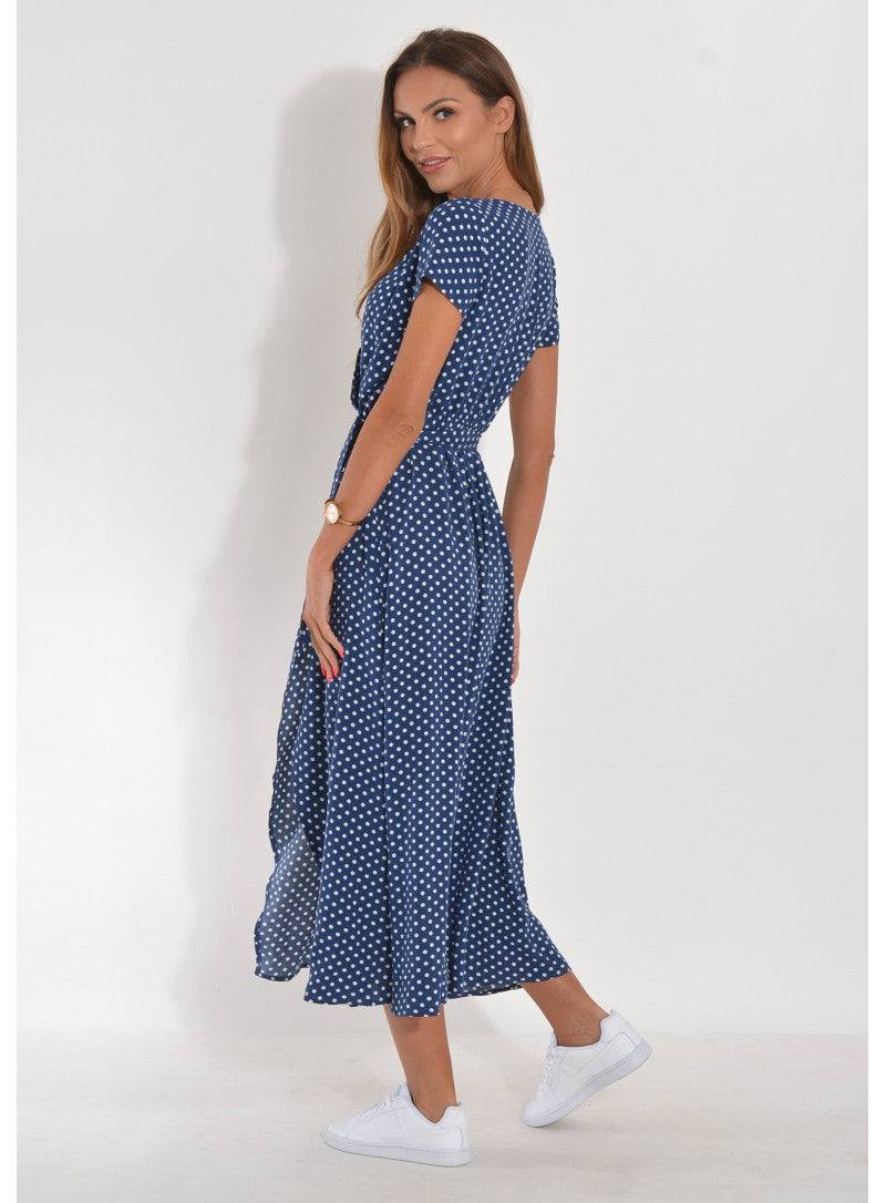 Women's Wrap Dress - Maxi Length - Short Sleeves - Adjustable Waist - Polka Dot Pattern