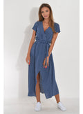 Women's Wrap Dress - Maxi Length - Short Sleeves - Adjustable Waist - Polka Dot Pattern