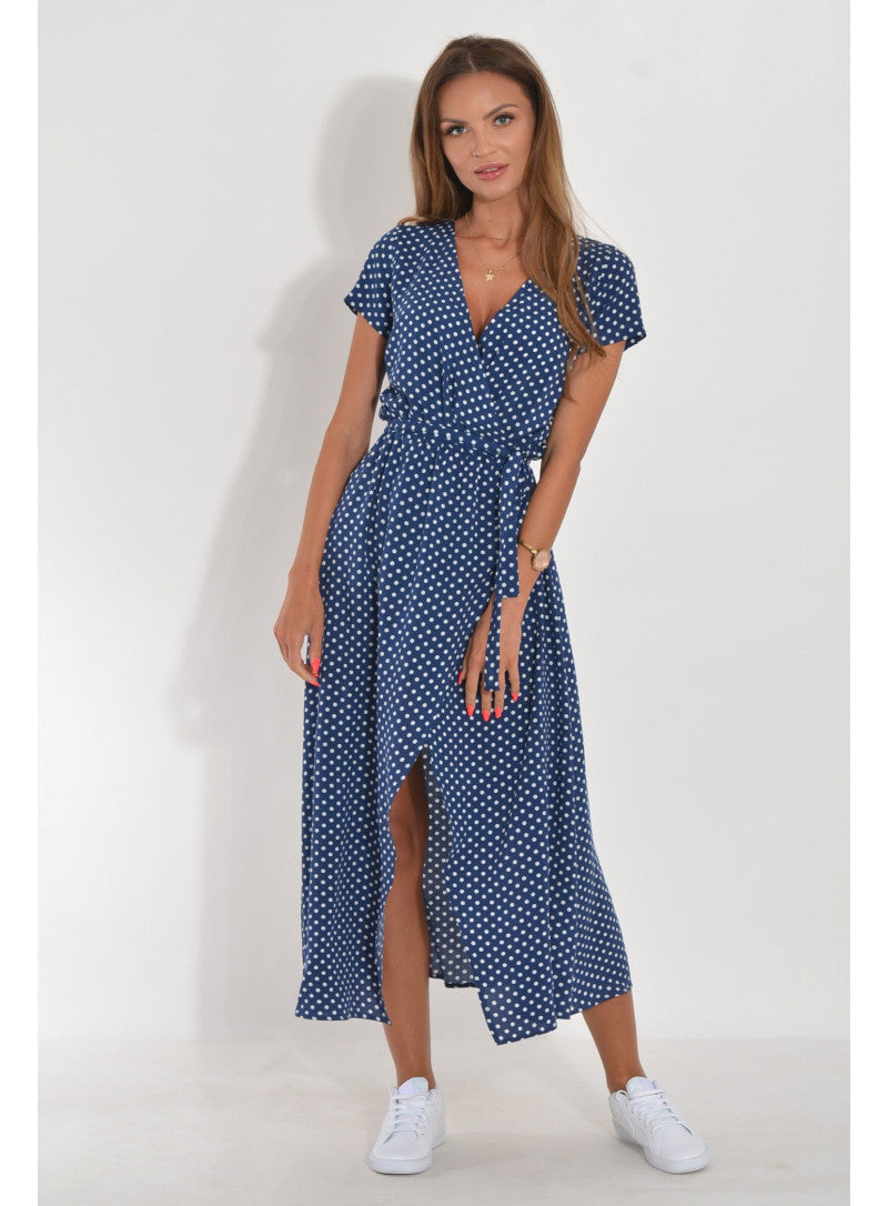 Women's Wrap Dress - Maxi Length - Short Sleeves - Adjustable Waist - Polka Dot Pattern