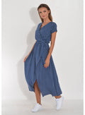 Women's Wrap Dress - Maxi Length - Short Sleeves - Adjustable Waist - Polka Dot Pattern