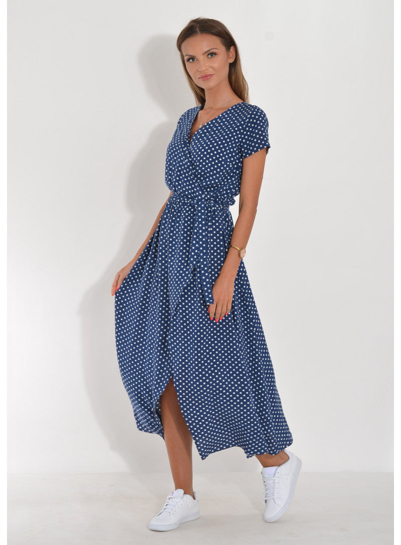 Women's Wrap Dress - Maxi Length - Short Sleeves - Adjustable Waist - Polka Dot Pattern