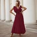 Women's Maxi Dress - Sleeveless V-Neck - Pleated Ruffle Shoulder - Elegant Ankle-Length