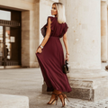 Women's Maxi Dress - Sleeveless V-Neck - Pleated Ruffle Shoulder - Elegant Ankle-Length