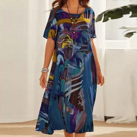 Relaxed Fit Cotton Blend Abstract Print Midi Dress