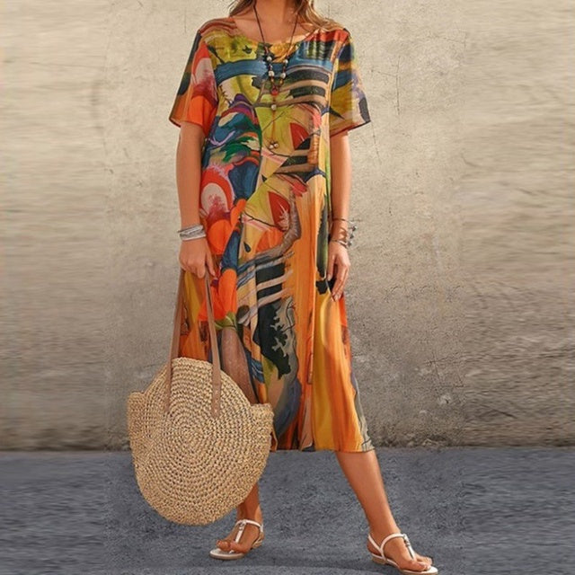 Relaxed Fit Cotton Blend Abstract Print Midi Dress