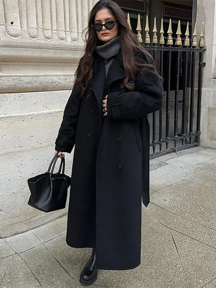 Wool Blend Double Breasted Belted Trench Coat