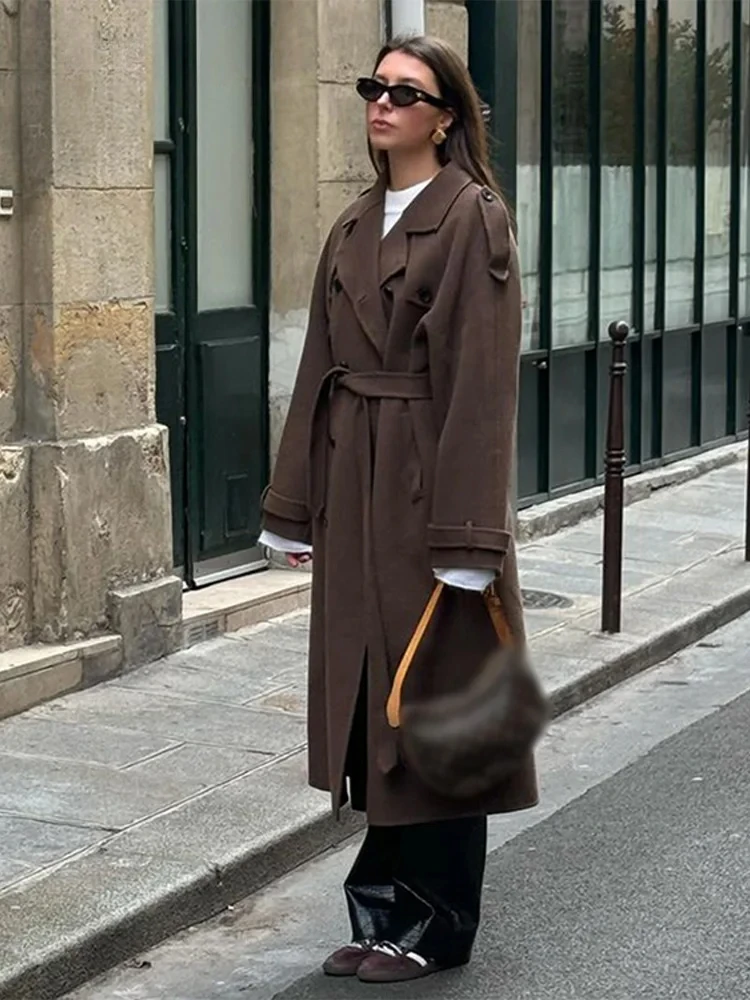 Wool Blend Double Breasted Belted Trench Coat