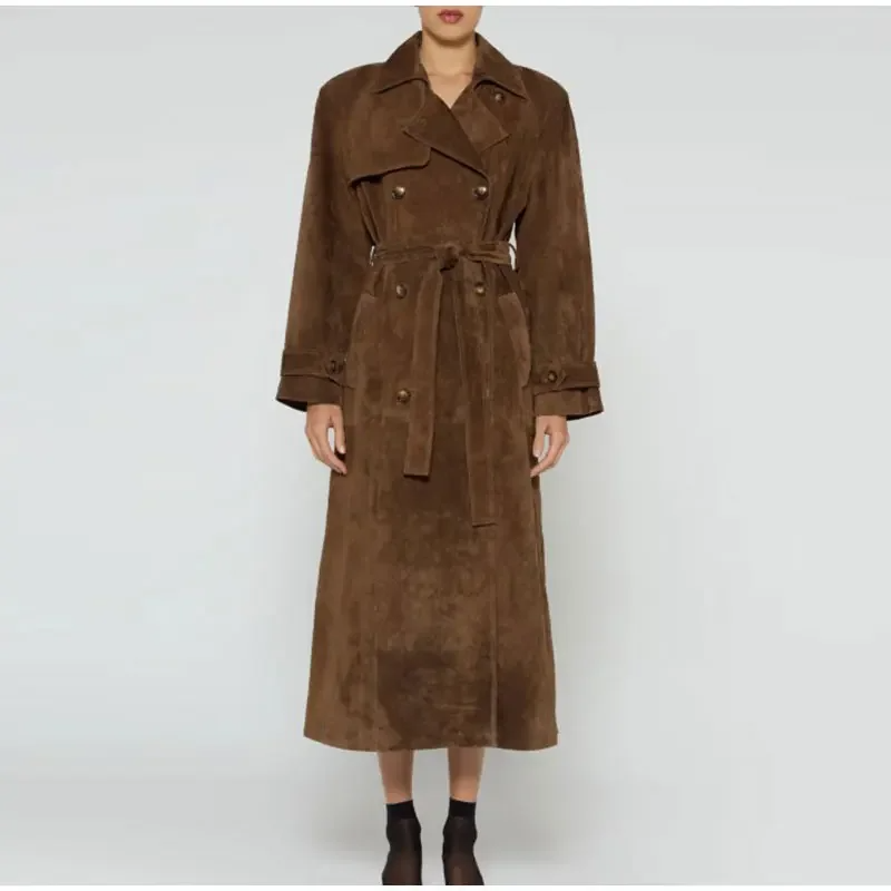 Suede Texture Tailored Double-Breasted Trench Coat