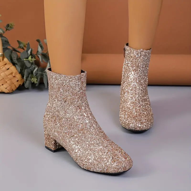Almond Toe Glitter Block Heel Ankle Boots