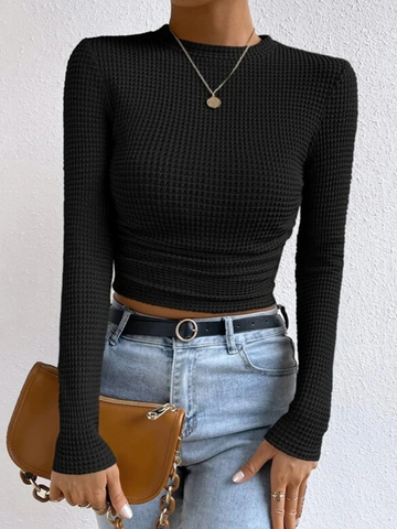 Waffle Knit Cropped High Neck Sweatshirt