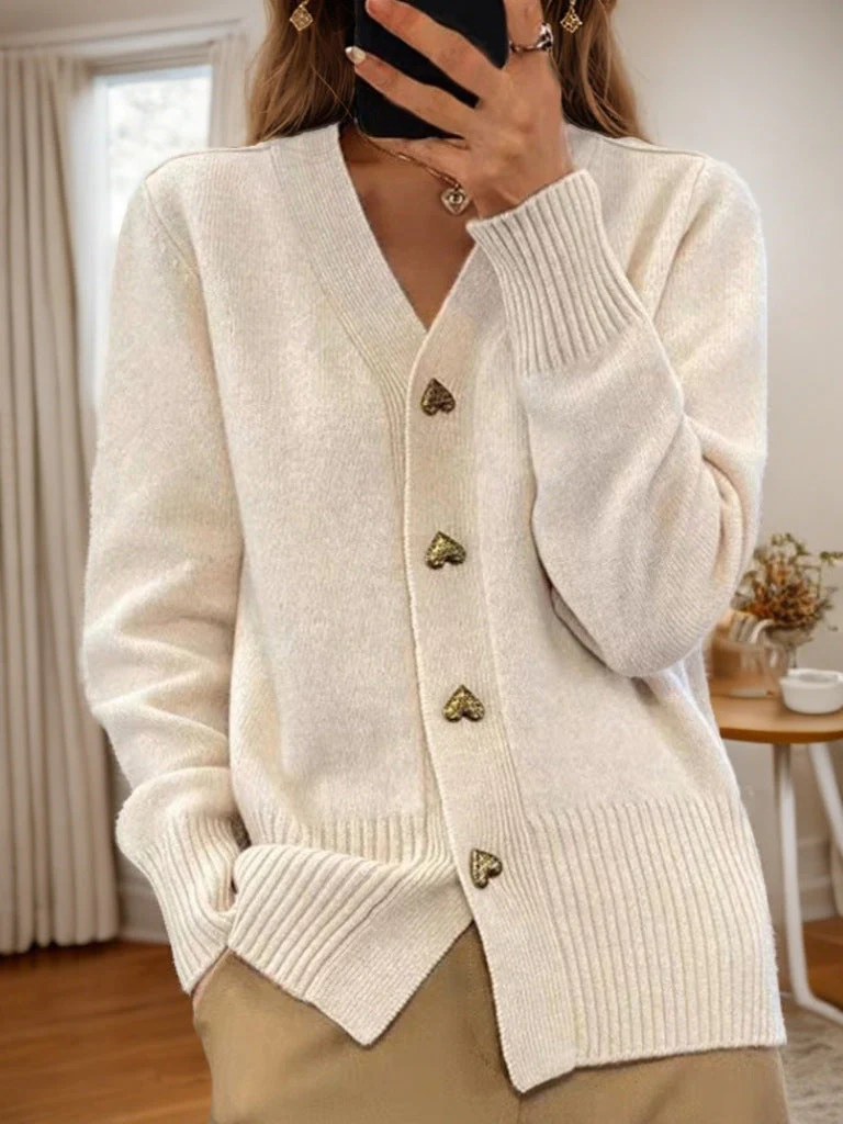 Wool Blend Heart Button Relaxed Fit Cardigan