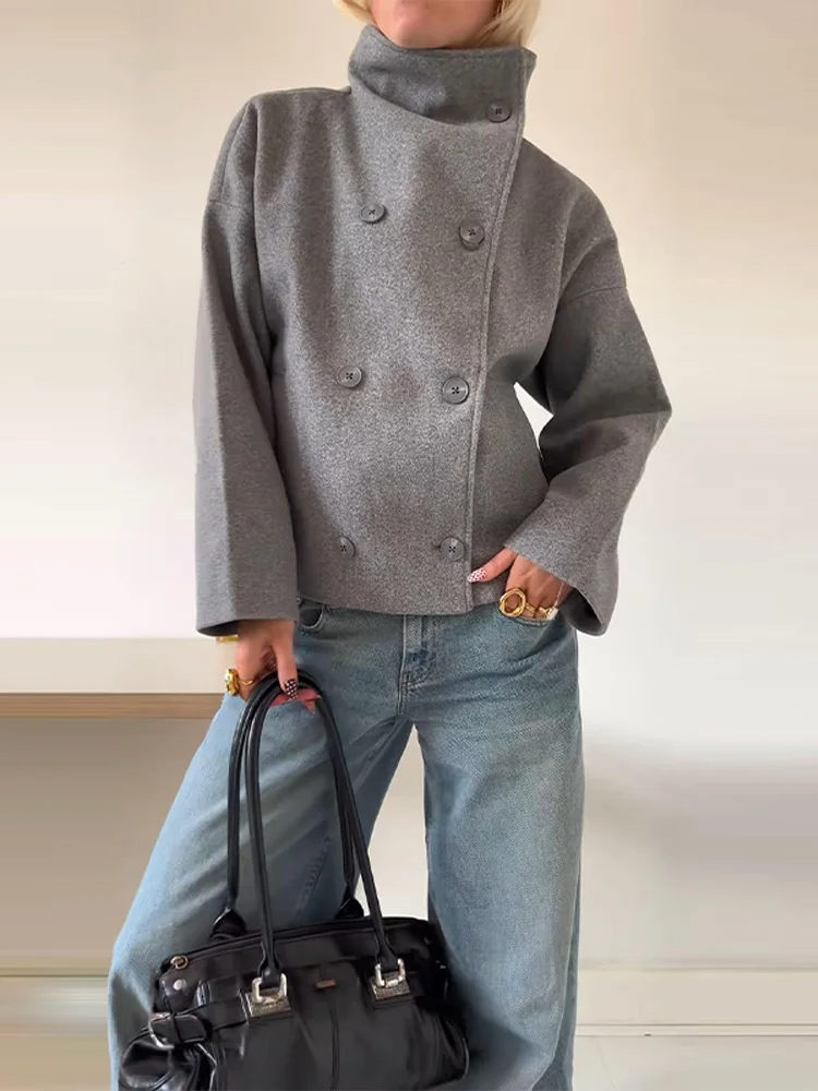 Wool Blend Oversized Double-Breasted Short Coat