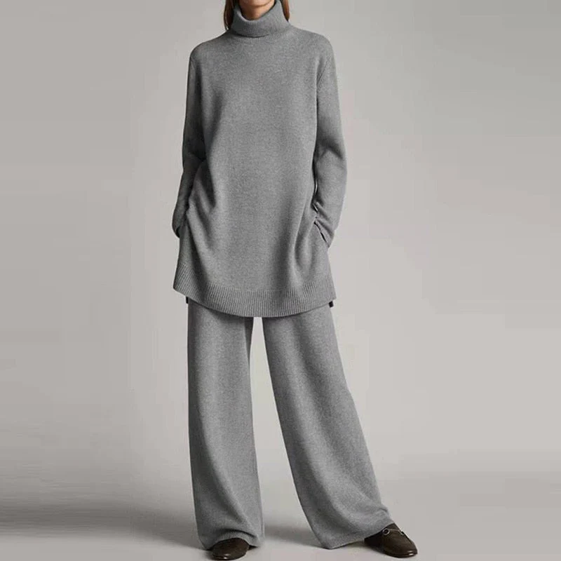 Two-Piece Knit Turtleneck Wide-Leg Loungewear Set