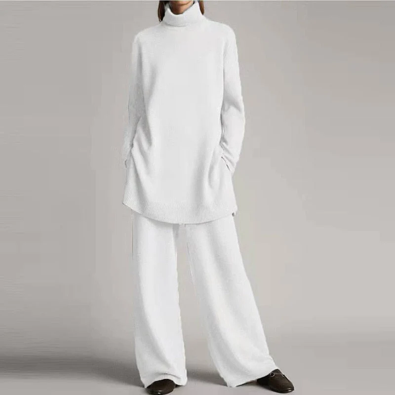 Two-Piece Knit Turtleneck Wide-Leg Loungewear Set