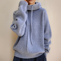 Women's Knit Sweater - Oversized Fit - High Collar with Drawstring - Soft Long Sleeves