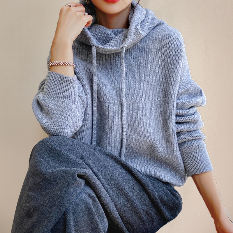 Women's Knit Sweater - Oversized Fit - High Collar with Drawstring - Soft Long Sleeves