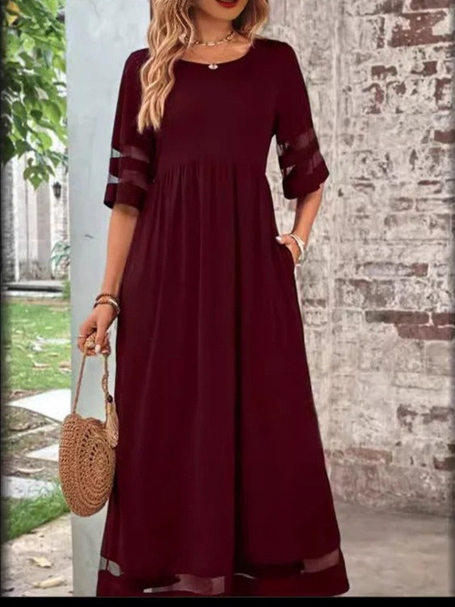 Women's Maxi Dress – Relaxed Fit – Lightweight and Breathable – Crew Neck – Cut Details