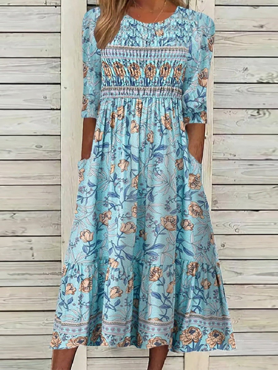 Floral Smocked Puff Sleeve Midi Dress