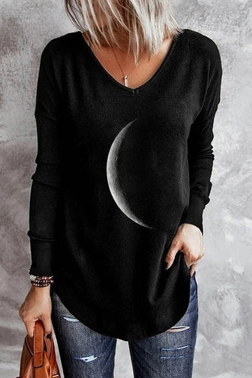 Soft Knit V-Neck Moon Graphic Sweatshirt