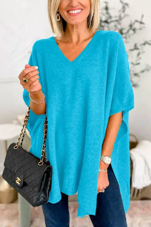 Women's Poncho Top - Soft Knit - Loose Fit - V-Neck Draped Design