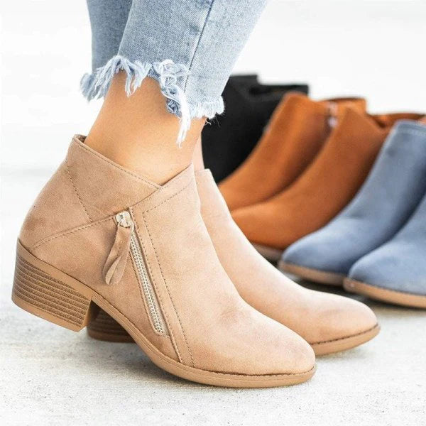 Women's Ankle Boots – Soft Suede – Side Zipper – Comfortable Low Heel