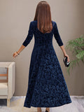 Women's Evening Dress - Velvet - V-neck - A-line - 3/4 Sleeves - Floral Pattern