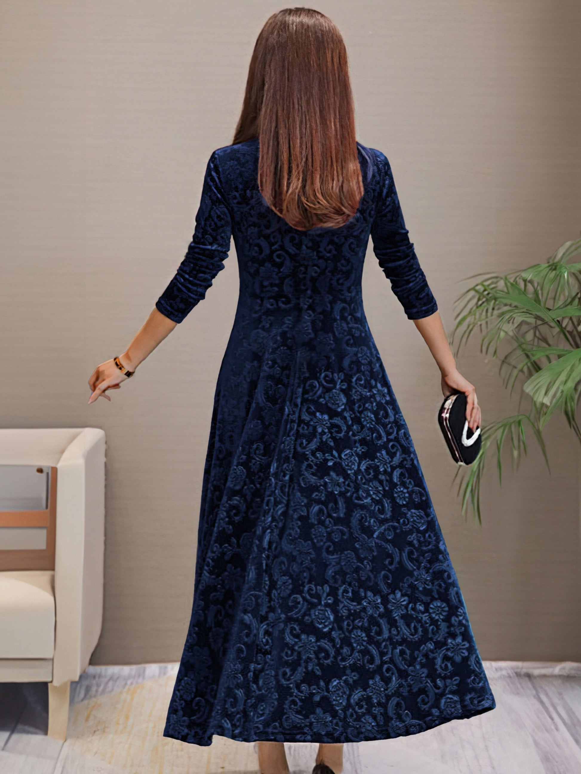 Women's Evening Dress - Velvet - V-neck - A-line - 3/4 Sleeves - Floral Pattern