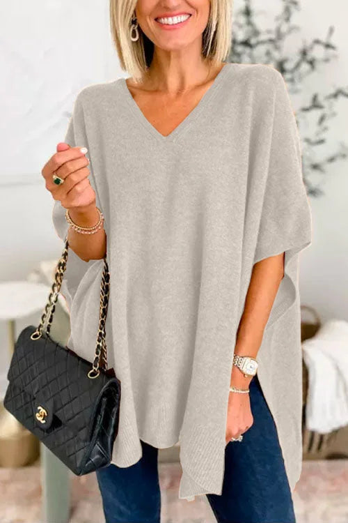 Women's Poncho Top - Soft Knit - Loose Fit - V-Neck Draped Design
