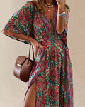 Women's Maxi Dress - V-neck - Elbow-length Sleeves - Floral Pattern - High Slit - Loose Fit