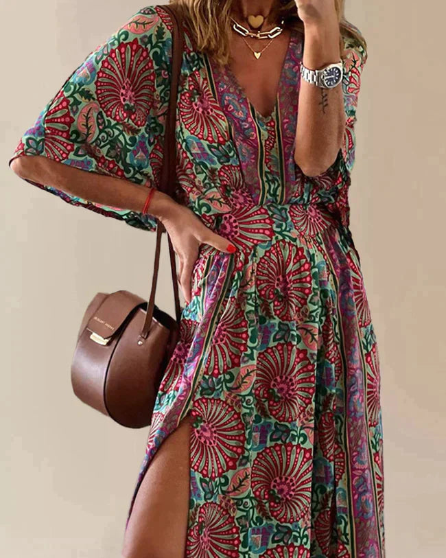 Women's Maxi Dress - V-neck - Elbow-length Sleeves - Floral Pattern - High Slit - Loose Fit
