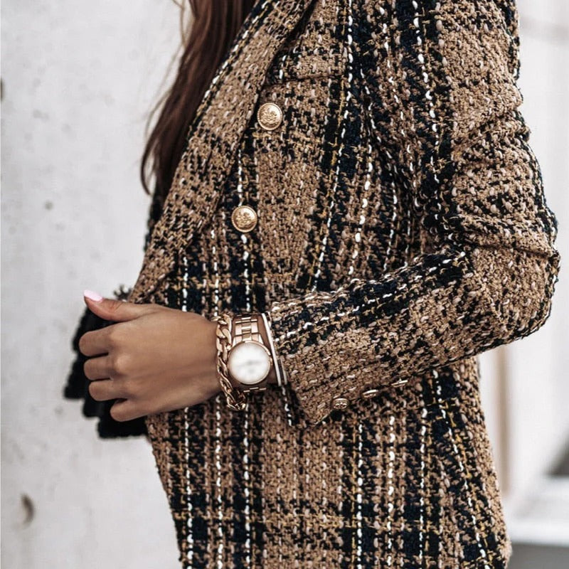 Women's Blazer - Tweed Pattern - Tailored Fit - Gold Buttons Elegant Design
