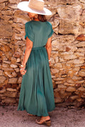 Women's Maxi Dress - V-neck Wrap Design - Short Sleeves - Tie Belt - Elegant and Comfortable
