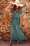 Women's Maxi Dress - V-neck Wrap Design - Short Sleeves - Tie Belt - Elegant and Comfortable