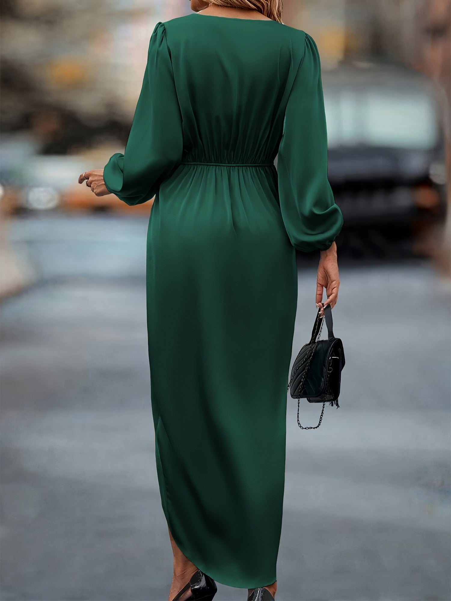 Women's Midi Wrap Dress - V-Neck - Long Sleeves - Asymmetric Slit - Elegant Formal Look