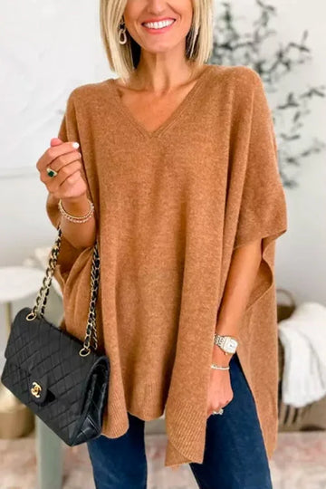 Soft Knit Draped V-Neck Poncho Top