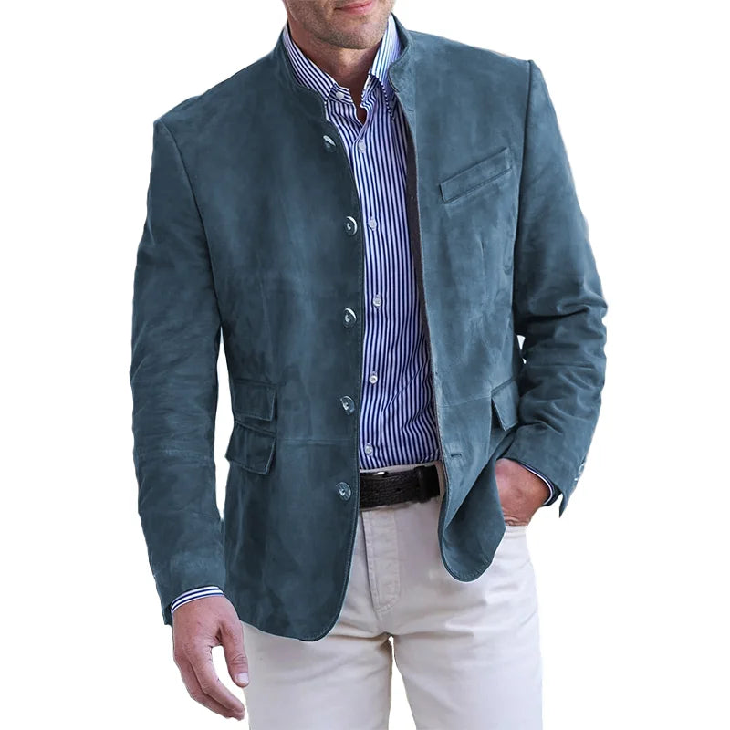Suede Tailored Fit Mandarin Collar Blazer