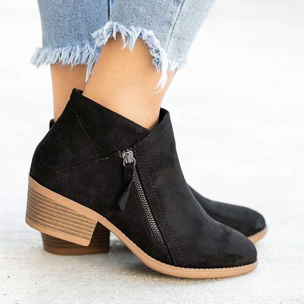 Women's Ankle Boots – Soft Suede – Side Zipper – Comfortable Low Heel