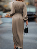 Women's Midi Wrap Dress - V-Neck - Long Sleeves - Asymmetric Slit - Elegant Formal Look