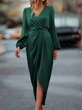 Women's Midi Wrap Dress - V-Neck - Long Sleeves - Asymmetric Slit - Elegant Formal Look