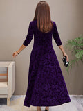 Women's Evening Dress - Velvet - V-neck - A-line - 3/4 Sleeves - Floral Pattern