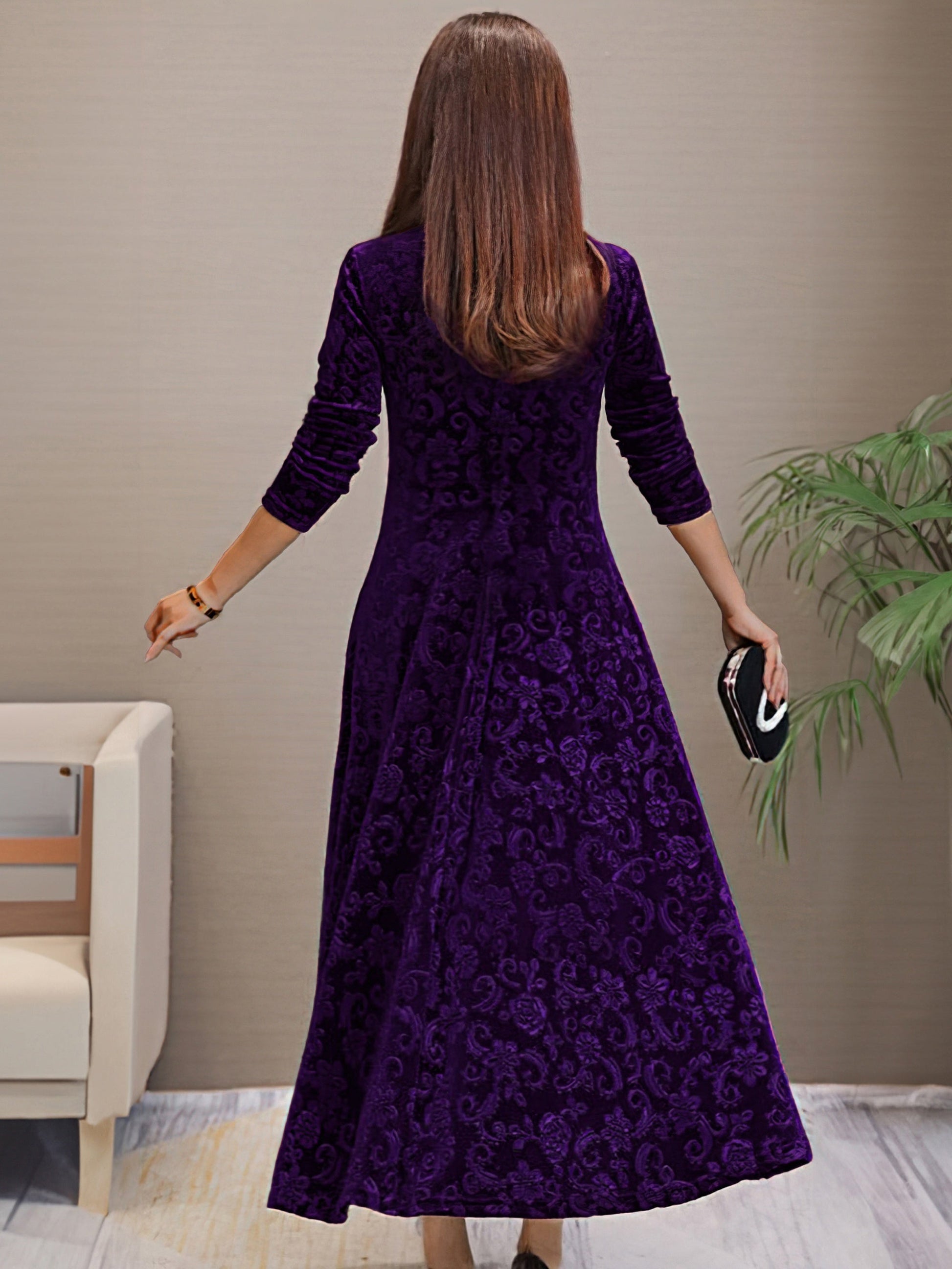 Women's Evening Dress - Velvet - V-neck - A-line - 3/4 Sleeves - Floral Pattern