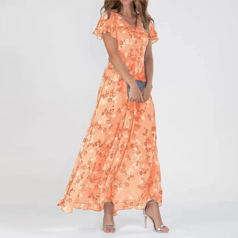 Women's Maxi Dress - Floral Pattern - V-Neck - Short Ruffle Sleeves - Elegant and Airy