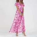 Women's Maxi Dress - Floral Pattern - V-Neck - Short Ruffle Sleeves - Elegant and Airy