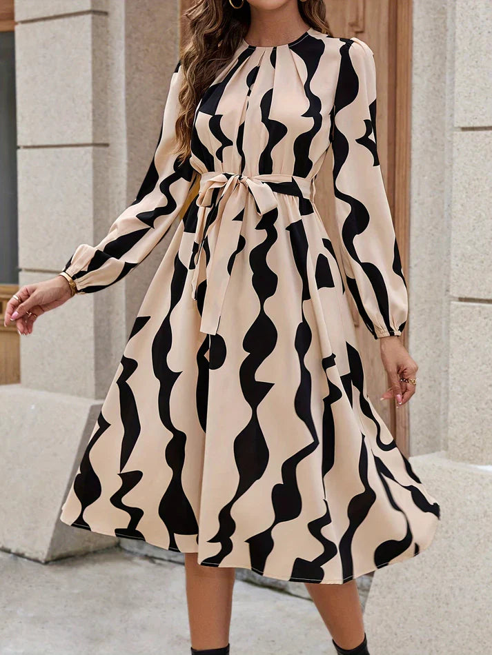 Women's Midi Dress - Long Sleeves - Fitted Waist with Belt - Elegant Wavy Pattern