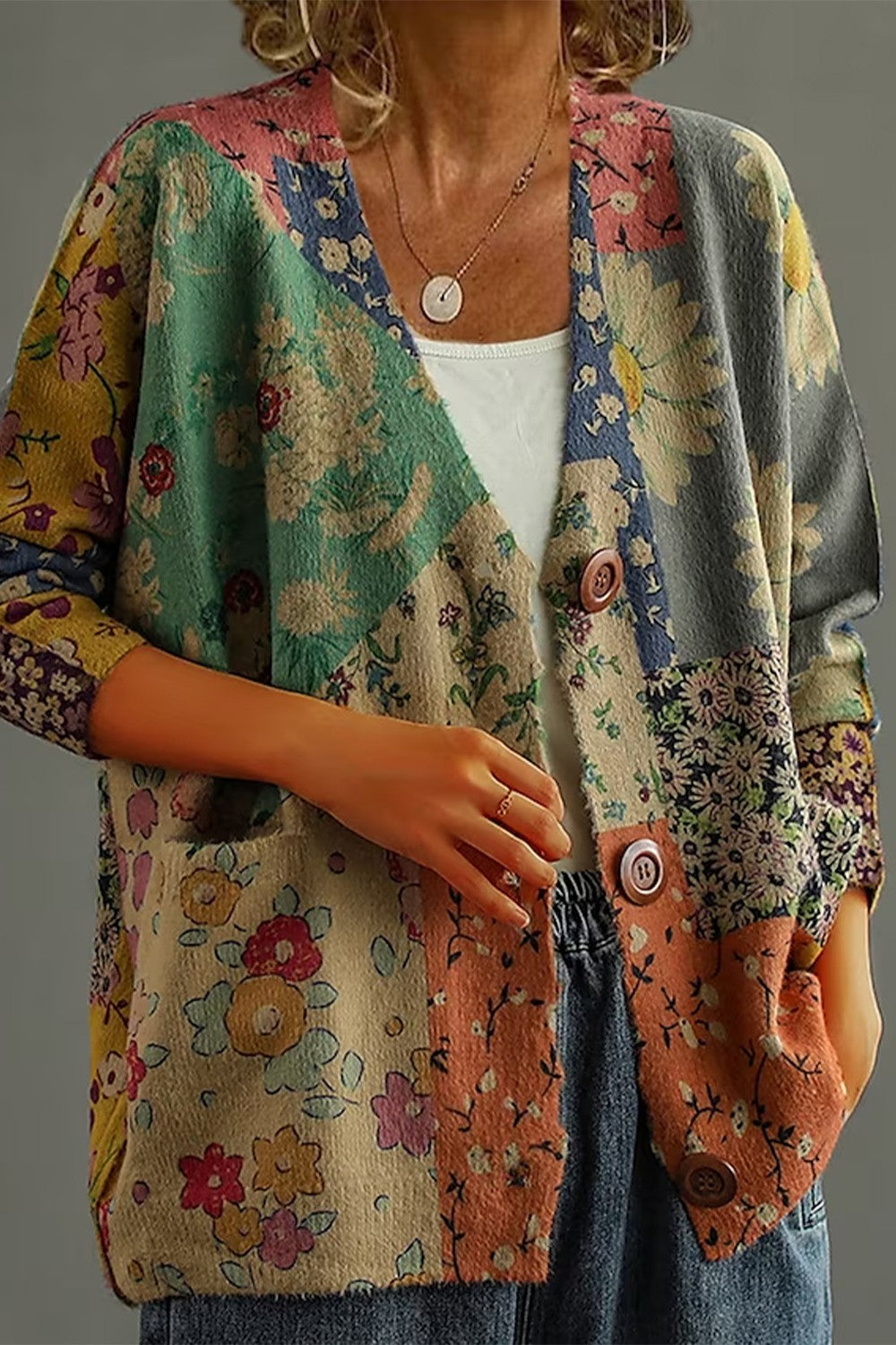 V-Neck Soft Knit Patchwork Floral Sweater Cardigan