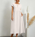 Women's Maxi Dress - Long Airy Fit - Round Neck - Short Sleeves - Casual Elegance