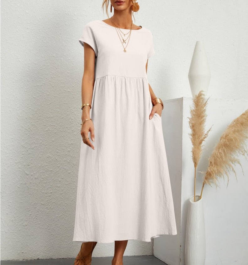 Women's Maxi Dress - Long Airy Fit - Round Neck - Short Sleeves - Casual Elegance