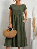 Women's Maxi Dress - Long Airy Fit - Round Neck - Short Sleeves - Casual Elegance