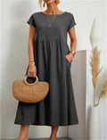 Women's Maxi Dress - Long Airy Fit - Round Neck - Short Sleeves - Casual Elegance